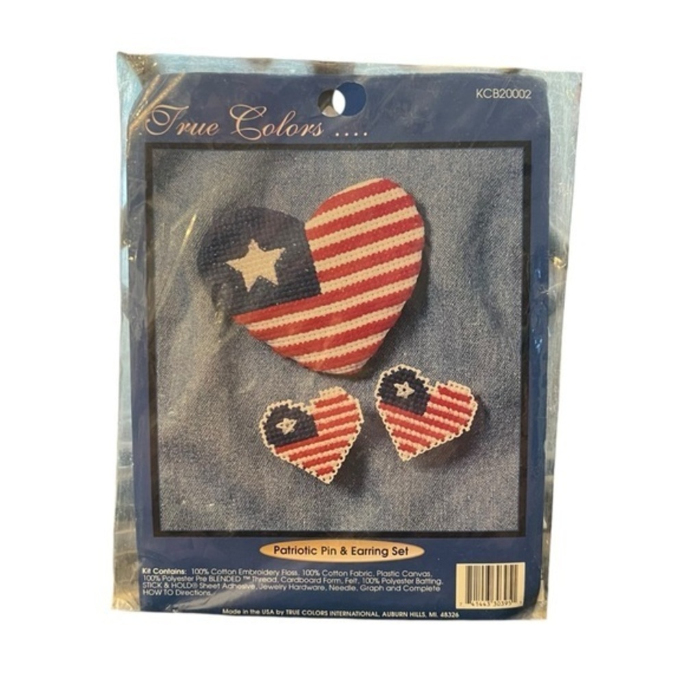 True Colors Cross Stitch Kit Patriotic Pin and‎ Earring Set Hearts USA Made NEW
